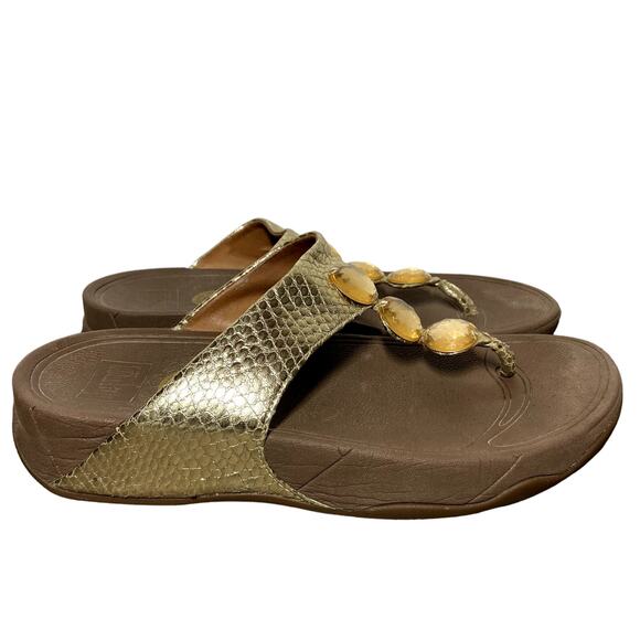 FitFlop Petra Sandals Beaded Microwobbleboard Pale Gold Foiled Snakeskin 8 - Picture 2 of 7